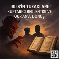 Bu görsel, âhir zaman fitnesini ve sahte kurtarıcı arayışlarının gölgesinde kalan insanlığın ruhsal karanlığını simgeler. Gölgeden çıkan figür, İblis’in vesveselerini, kurtuluşu dışsal bir kurtarıcıda değil, Qur’an’da aramamız gerektiği gerçeğini sanat yoluyla hatırlatır.